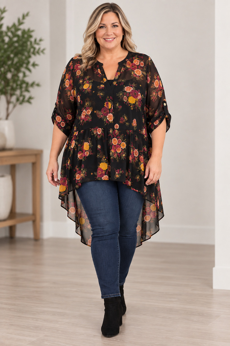 Torrid 4 Black Floral Sheer Chiffon Peplum Hi Low Tunic Roll Tab Sleeve Blouse